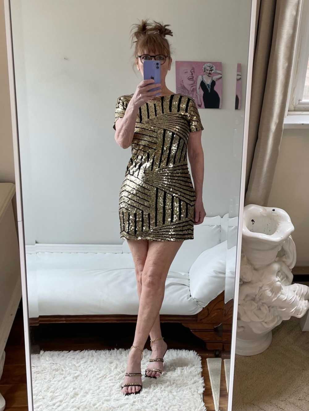 GOLD SEQUIN MINI DRESS SHORT SLEEVE LINED BLACK CONTRAST STRIPS VEE BACK
